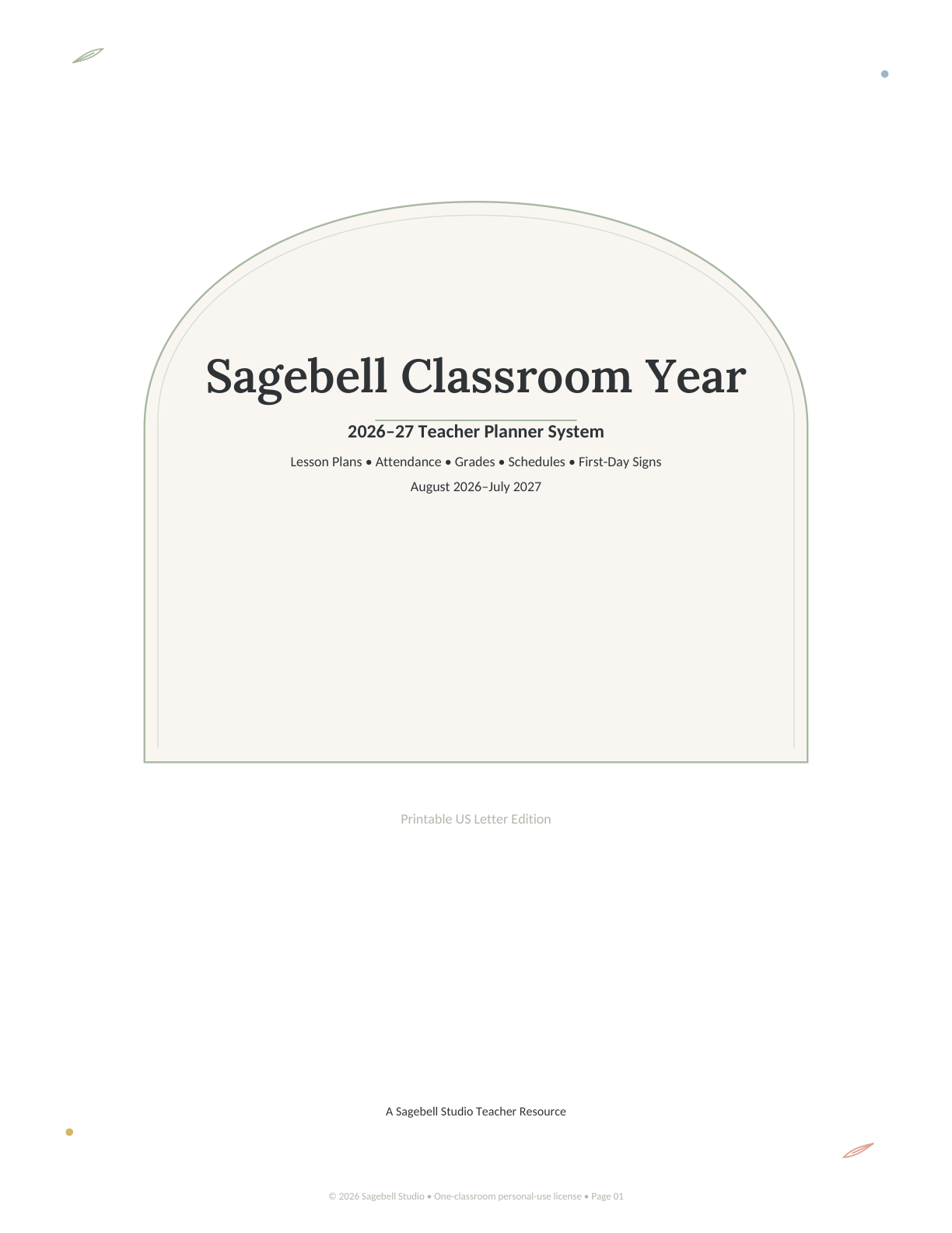 Sagebell Classroom Year 2026–27 Teacher Planner System cover