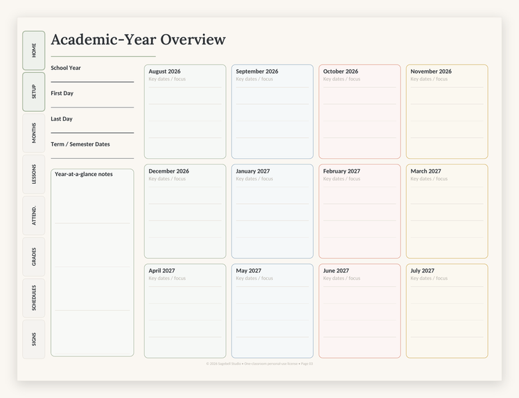 The GoodNotes-compatible landscape edition open on the planner dashboard, showing the section navigation tabs