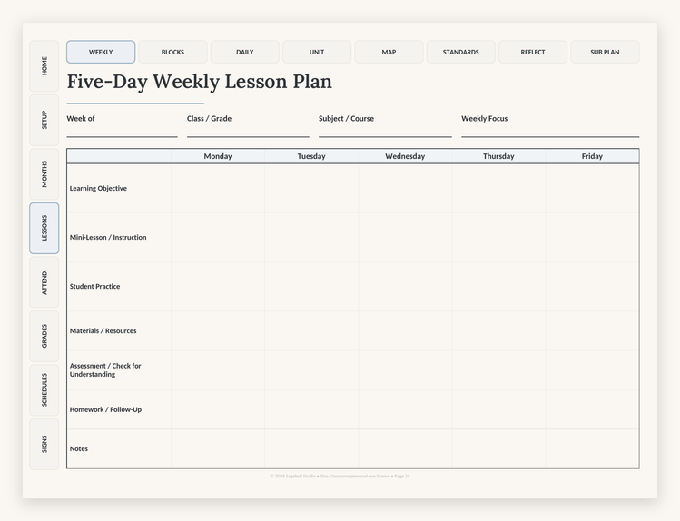 The GoodNotes-compatible landscape edition open on a lesson-plan page with the section and sub-navigation tabs visible