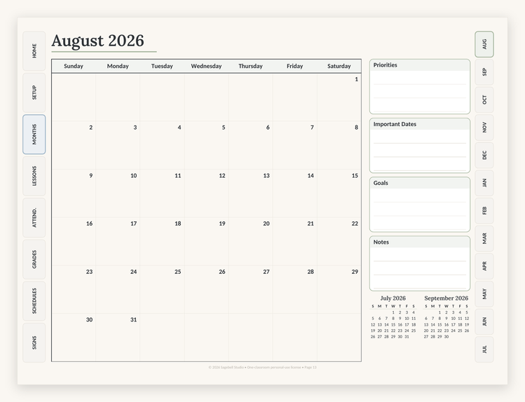The GoodNotes-compatible landscape edition open on the August 2026 month page, showing the section tabs down the left edge and the month tabs down the right edge
