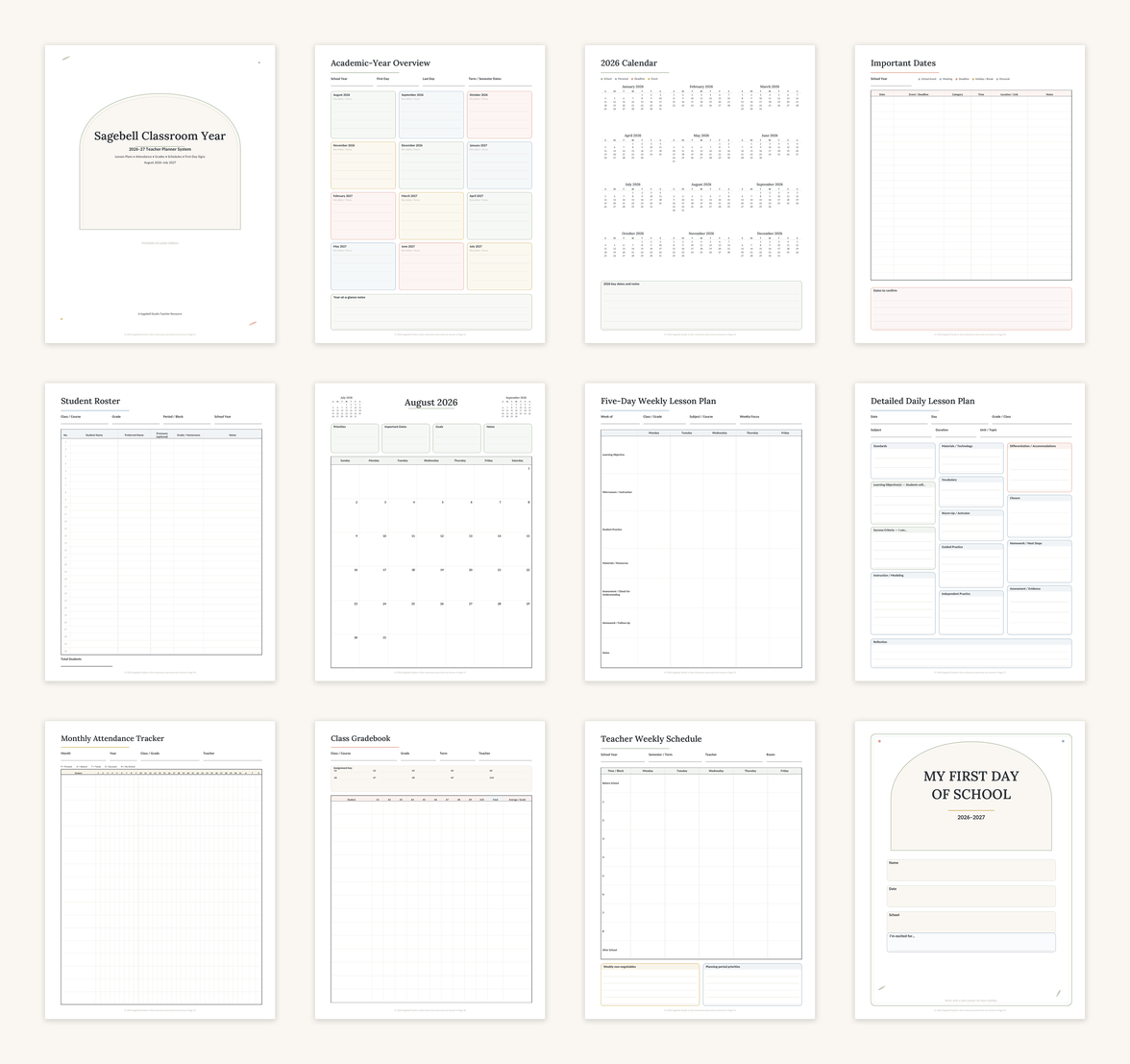 Twelve pages from the Sagebell Classroom Year planner laid out in a grid, including the cover, academic-year overview, calendar, student roster, monthly spread, lesson plans, attendance tracker, gradebook, weekly schedule and first-day sign