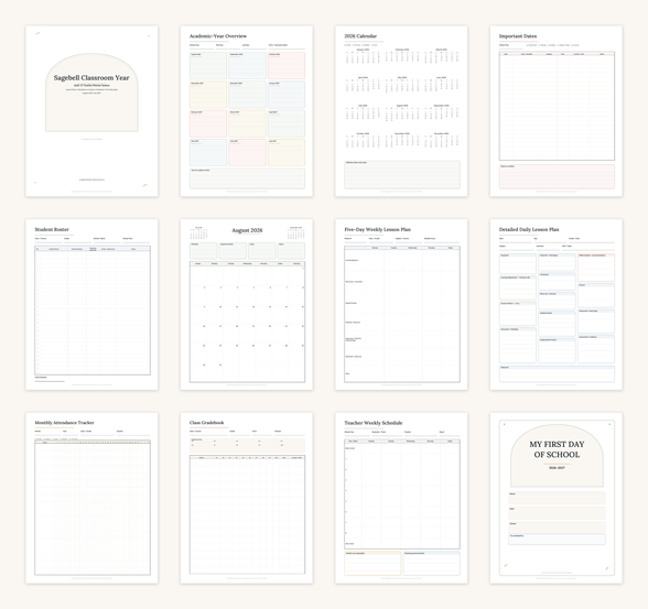 Twelve pages from the Sagebell Classroom Year planner laid out in a grid, including the cover, academic-year overview, calendar, student roster, monthly spread, lesson plans, attendance tracker, gradebook, weekly schedule and first-day sign