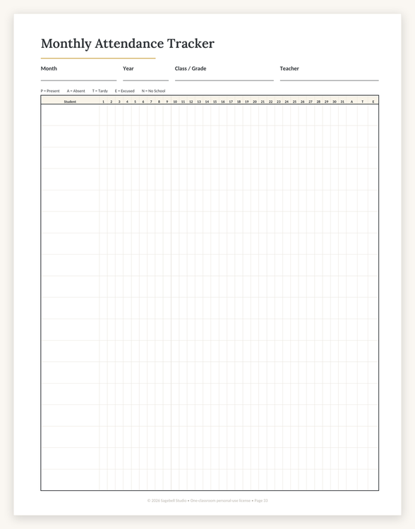 Monthly Attendance Tracker page with a student-name column and a numbered grid covering every day of the month