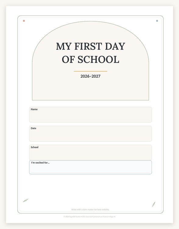 My First Day of School sign for 2026 to 2027 with an arch header and fill-in lines for name, grade, school and what the student is excited for