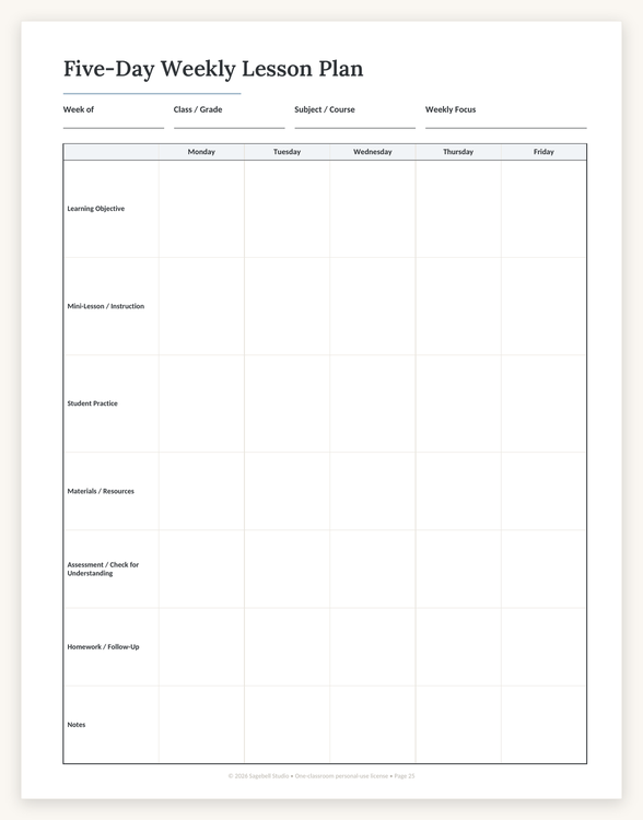 Five-Day Weekly Lesson Plan page with a column for each weekday and rows for each subject period