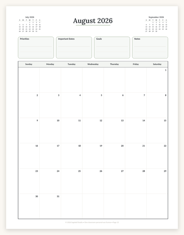 August 2026 monthly calendar page with Priorities, Important Dates, Goals and Notes panels and mini calendars for the previous and next month