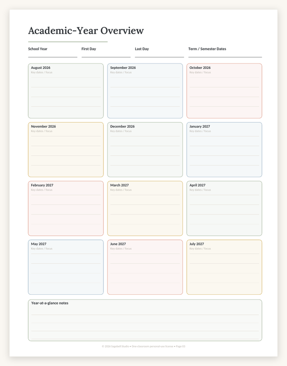Academic-Year Overview page with a labelled panel for each month from August 2026 to July 2027